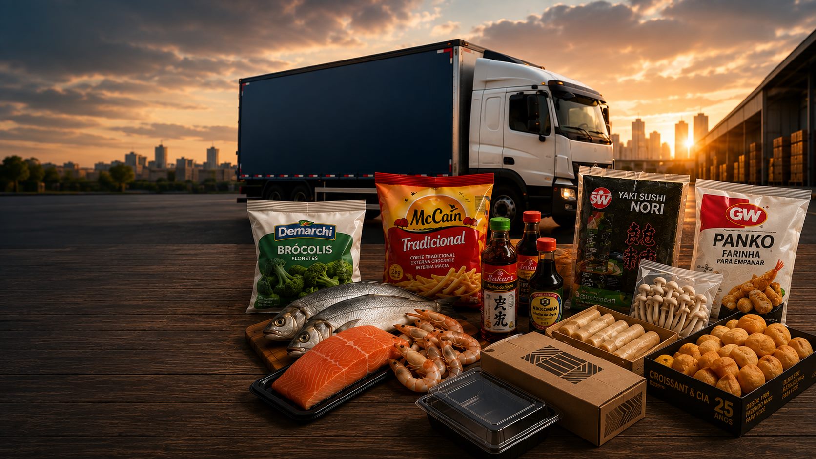 Caminhão da Donnini Distribuidora ao lado de produtos do mix: salmão, camarão, peixe inteiro, brócolis, batata, molhos, alga nori, panko, shimeji, salgados e embalagem para delivery