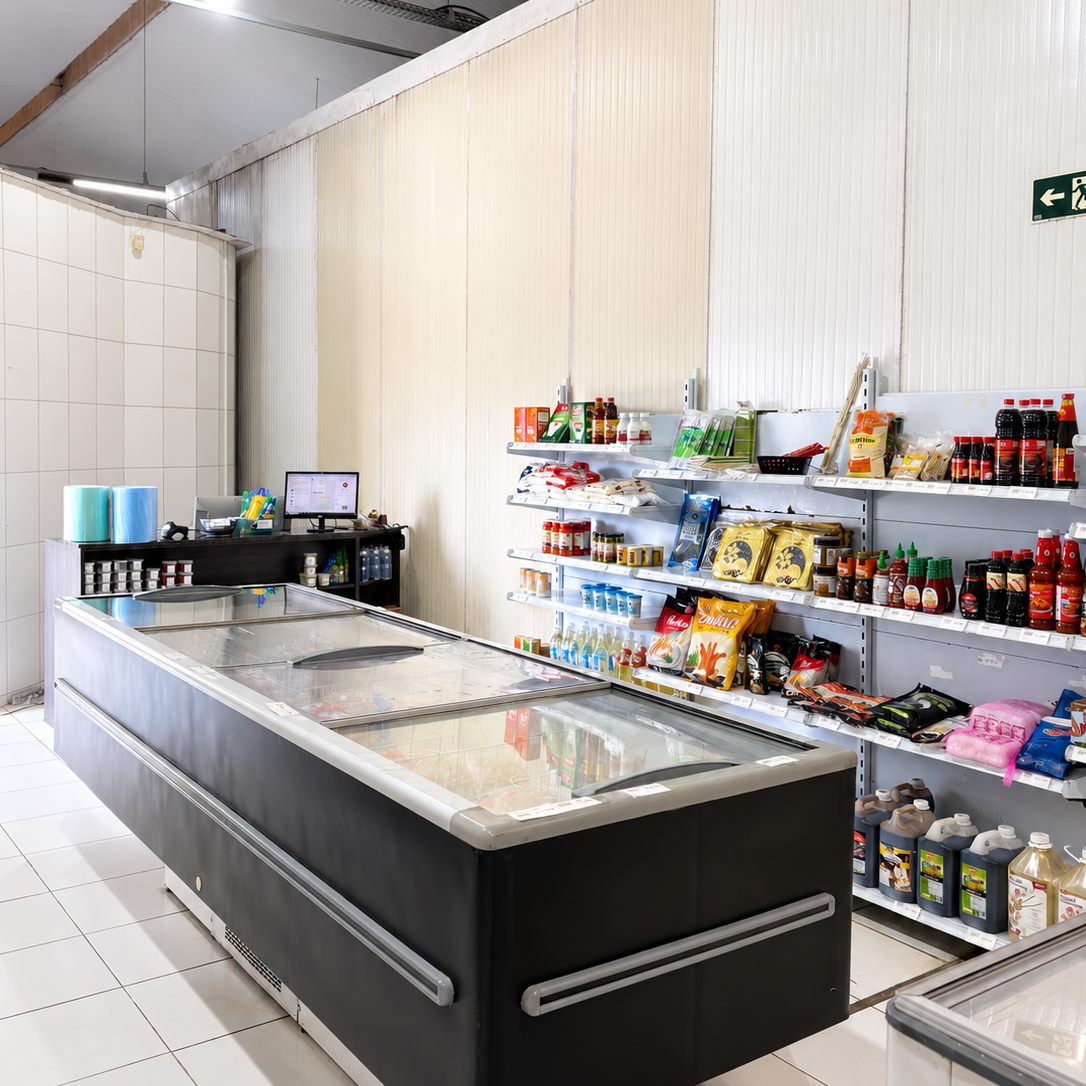 Interior da loja da Donnini em Avaré: freezers horizontais de produtos congelados e prateleiras com molhos, temperos e produtos orientais